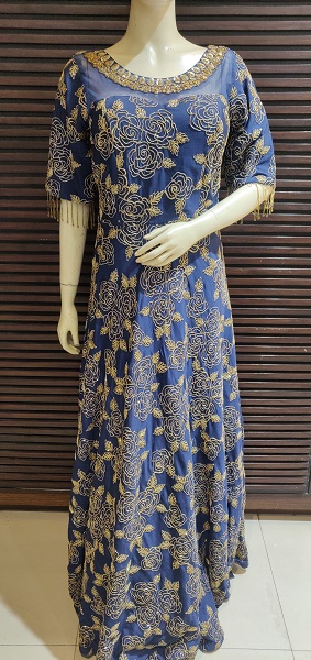 Embroidered Net Gown  (Blue)
